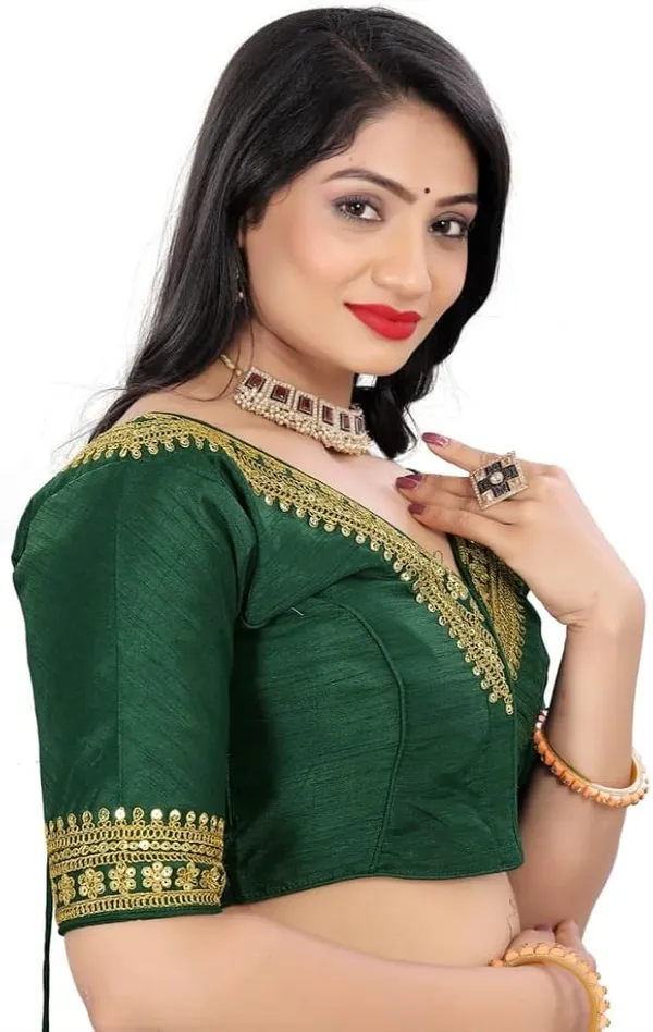 Dark_Green_Embellished_Saree_Blouse_With_Golden_Lace_Work