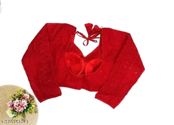 Red_Designer_Readymade_Saree_Blouse_With_Embroidered_Sleeves_And_Back_Tie-Up