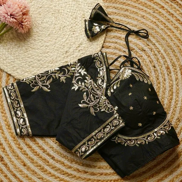 Black_Embroidered_Blouse_With_Gold_Detailing_And_Back_Tie-Up