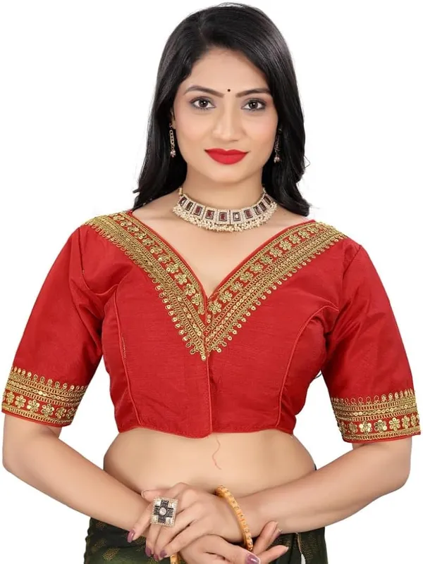 Red_Embellished_V-Neck_Blouse_With_Gold_Detailing