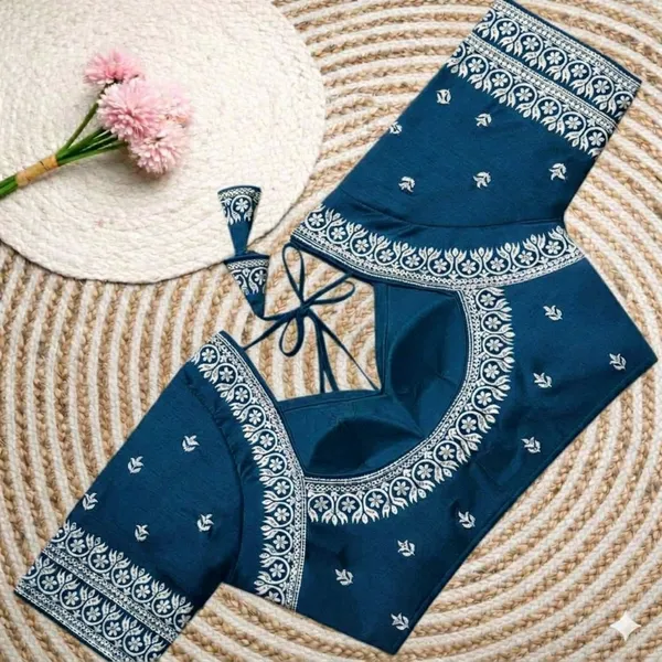 Teal_Blue_Embroidered_Unstitched_Blouse_Piece_With_Traditional_Border_Work