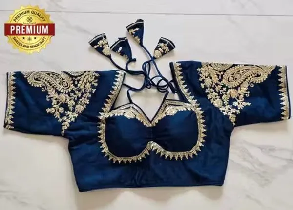 Premium_Navy_Blue_Embroidered_Readymade_Saree_Blouse_With_Golden_Zari_Work