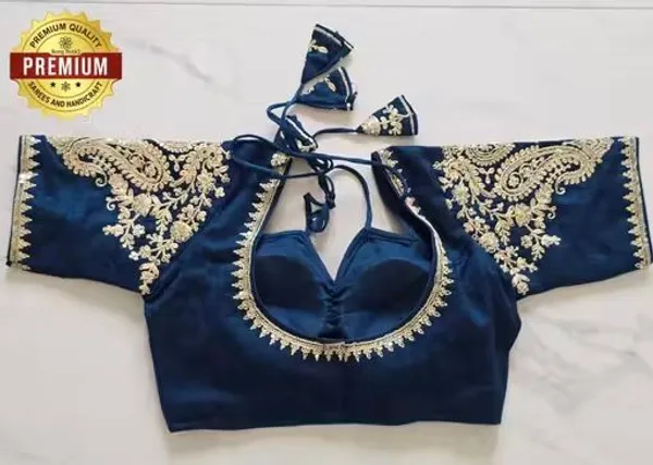 Premium_Navy_Blue_Embroidered_Readymade_Saree_Blouse_With_Golden_Zari_Work