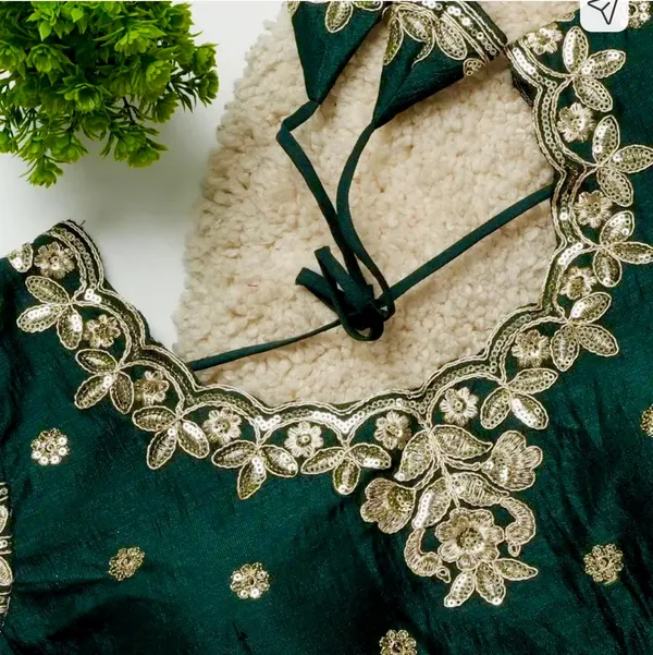 Bottle_Green_Embroidered_Blouse_With_Golden_Floral_Zari_Work