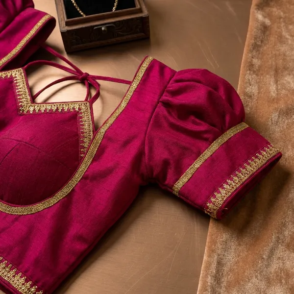 Designer_Blouse_With_Intricate_Embroidered_Back_And_Puff_Sleeves_-_Magenta
