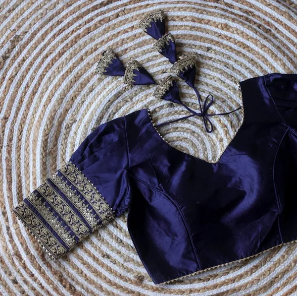 Designer_Navy_Blue_Embroidered_Silk_Blouse_With_Tassel_Latkan
