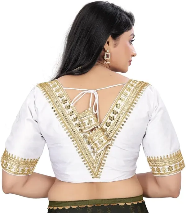 White_Saree_Blouse_With_Golden_V-Neck_Embroidery_And_Sleeve_Border