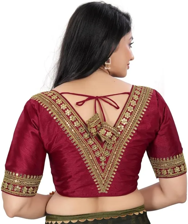 Maroon_Embroidered_V-Neck_Saree_Blouse_With_Golden_Zari_Work