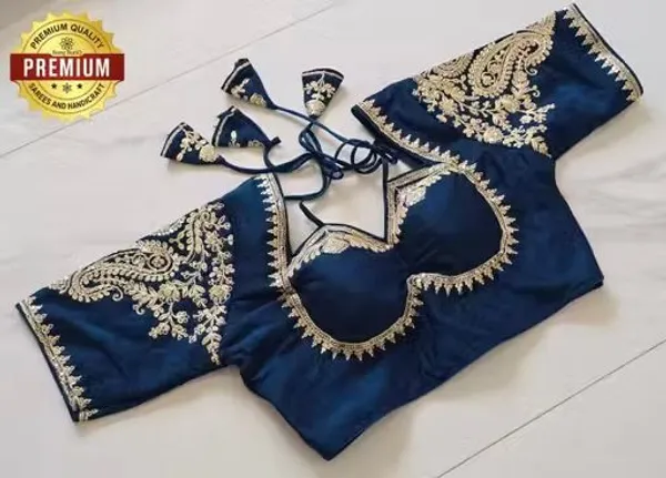 Premium_Navy_Blue_Embroidered_Readymade_Saree_Blouse_With_Golden_Zari_Work
