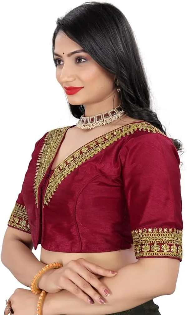 Maroon_Embroidered_V-Neck_Saree_Blouse_With_Golden_Zari_Work