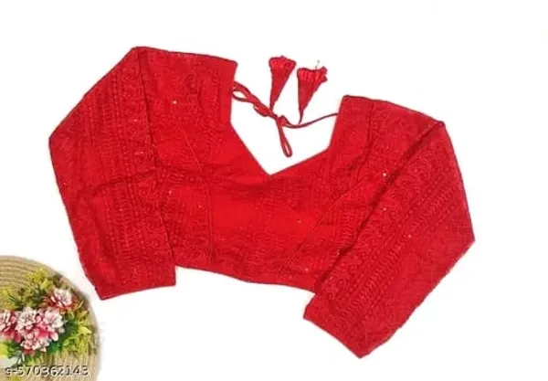 Red_Designer_Readymade_Saree_Blouse_With_Embroidered_Sleeves_And_Back_Tie-Up