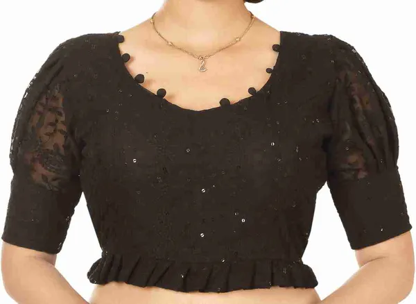 Black_Embellished_Net_Sleeve_Saree_Blouse_With_Pom-Pom_Trim