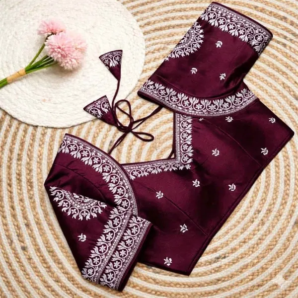 Maroon_Embroidered_Blouse_Piece_With_Silver_Threadwork