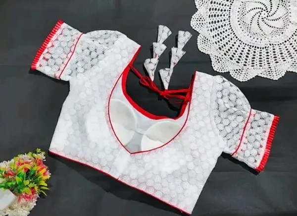 White_Sequin_Embroidered_Saree_Blouse_With_Red_Piping