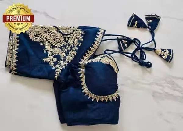 Premium_Navy_Blue_Embroidered_Readymade_Saree_Blouse_With_Golden_Zari_Work