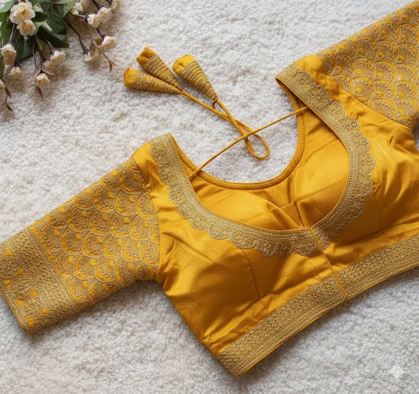 Yellow_Golden_Embroidered_Silk_Blouse_With_Tassel_Tie-Up