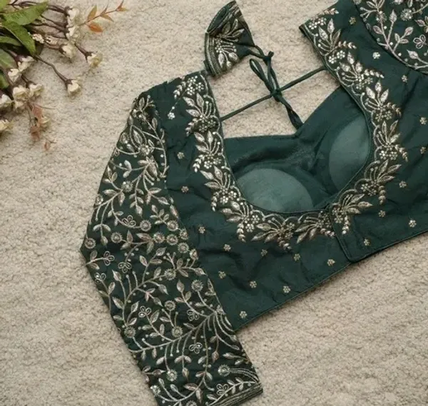 Dark_Green_Embroidered_Blouse_With_Floral_Silver_Detailing