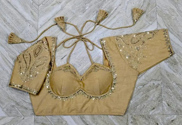Golden_Beige_Embellished_Padded_Blouse_With_Tassel_Sleeves