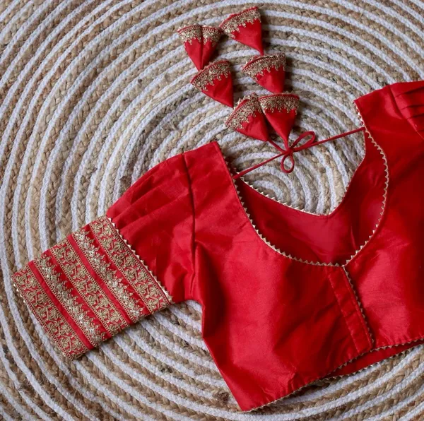 Red_Embellished_Blouse_With_Golden_Zari_Work_And_Tie-Up_Back