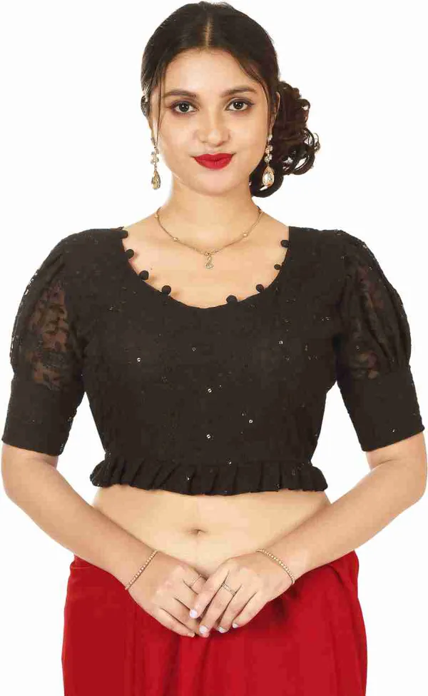 Black_Embellished_Net_Sleeve_Saree_Blouse_With_Pom-Pom_Trim