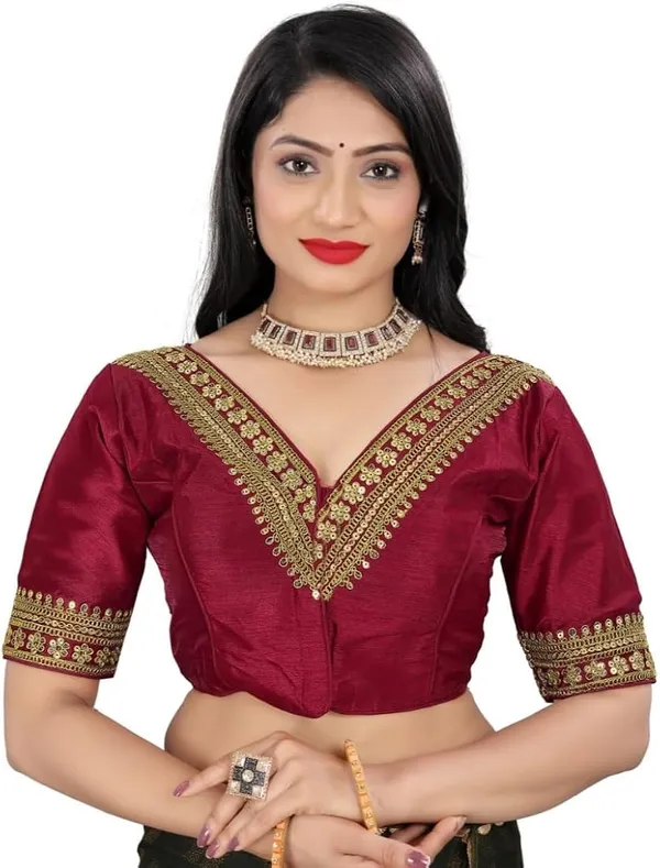 Maroon_Embroidered_V-Neck_Saree_Blouse_With_Golden_Zari_Work