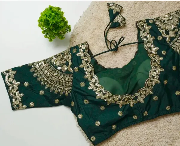 Bottle_Green_Embroidered_Blouse_With_Golden_Floral_Zari_Work