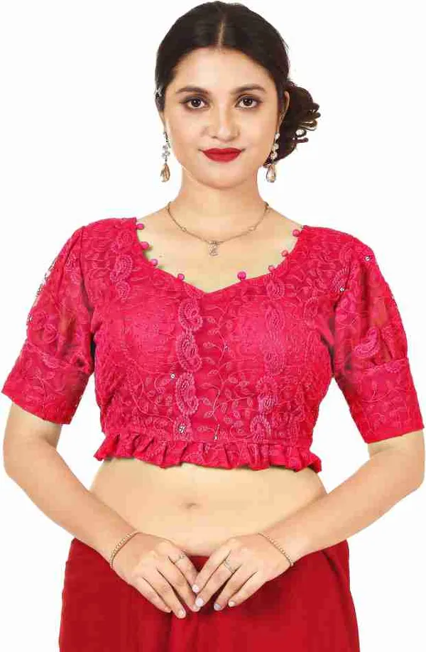 Pink_Net_Embroidered_Blouse_With_Puff_Sleeves_And_Back_Bow_Detail