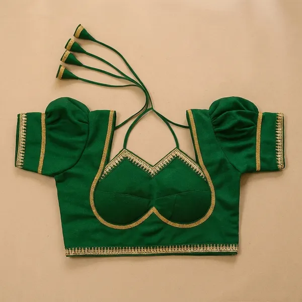Green_Saree_Blouse_With_Gold_Embroidered_Detailing_And_Strappy_Back_Design