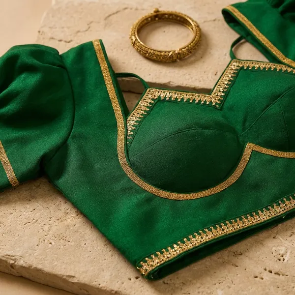 Green_Saree_Blouse_With_Gold_Embroidered_Detailing_And_Strappy_Back_Design