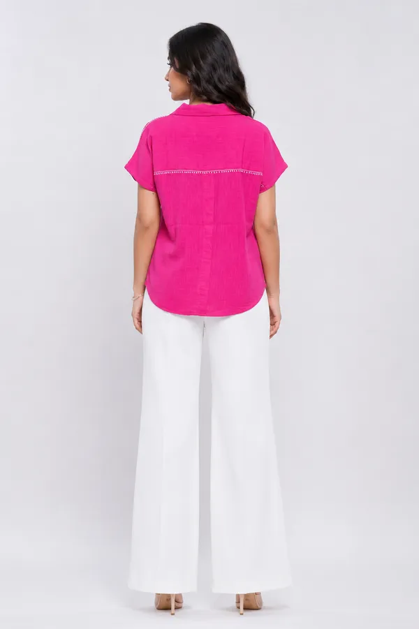 Fuchsia_collared_slub_Cotton__lace__Top_with_chikankari_detailing