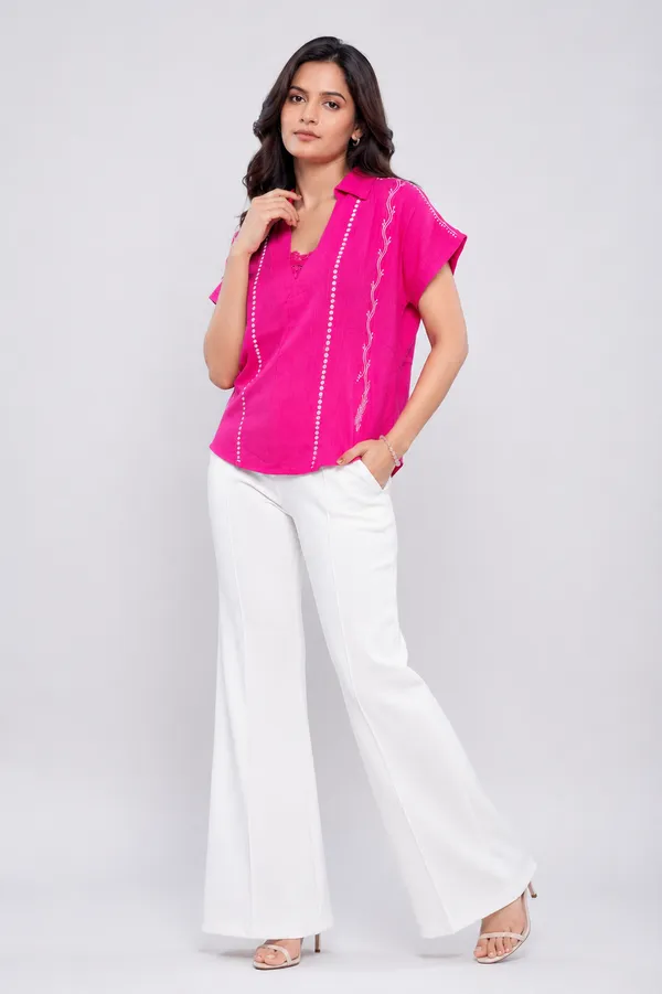 Fuchsia_collared_slub_Cotton__lace__Top_with_chikankari_detailing