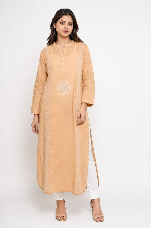 Camel__brown_mul__Cotton_Kurta_With_Intricate_Bird_Motif