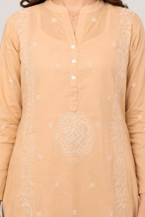 Camel__brown_mul__Cotton_Kurta_With_Intricate_Bird_Motif