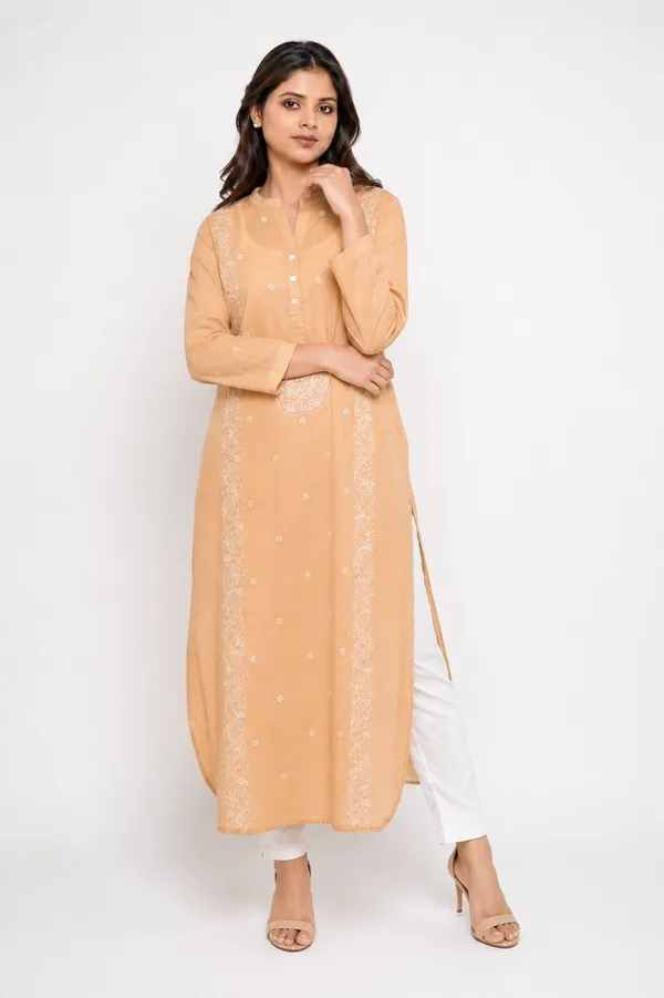 Camel__brown_mul__Cotton_Kurta_With_Intricate_Bird_Motif