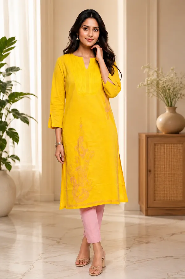 Mango_Yellow_Mulmul_Kurti_With_Paisley_chikankari_motif