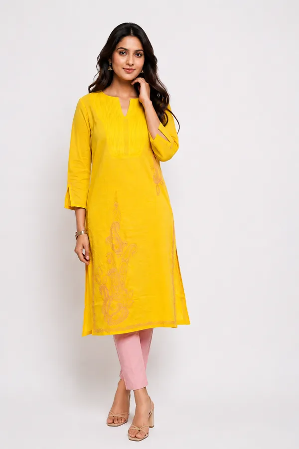 Mango_Yellow_Mulmul_Kurti_With_Paisley_chikankari_motif