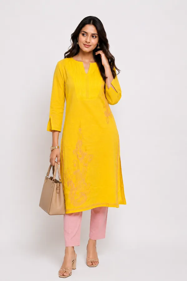 Mango_Yellow_Mulmul_Kurti_With_Paisley_chikankari_motif