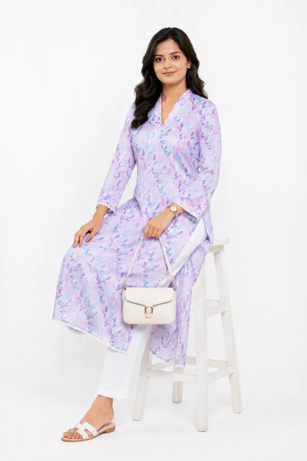 Liliac_Printed_Modal_Satin_Kurti_With_same_color_chikankari_embroidery_and_Lace_Detailing