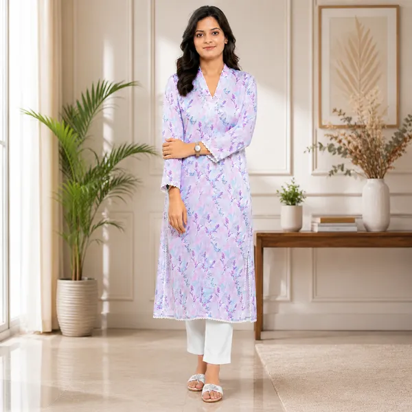Liliac_Printed_Modal_Satin_Kurti_With_same_color_chikankari_embroidery_and_Lace_Detailing