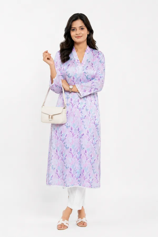 Liliac_Printed_Modal_Satin_Kurti_With_same_color_chikankari_embroidery_and_Lace_Detailing