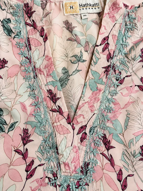 Liliac_Printed_Modal_Satin_Kurti_With_same_color_chikankari_embroidery_and_Lace_Detailing