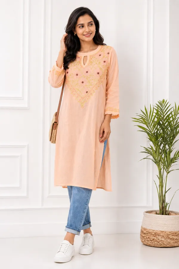 Mulmul_cotton_peach_kurta_with_contrast_chikan_embroidery