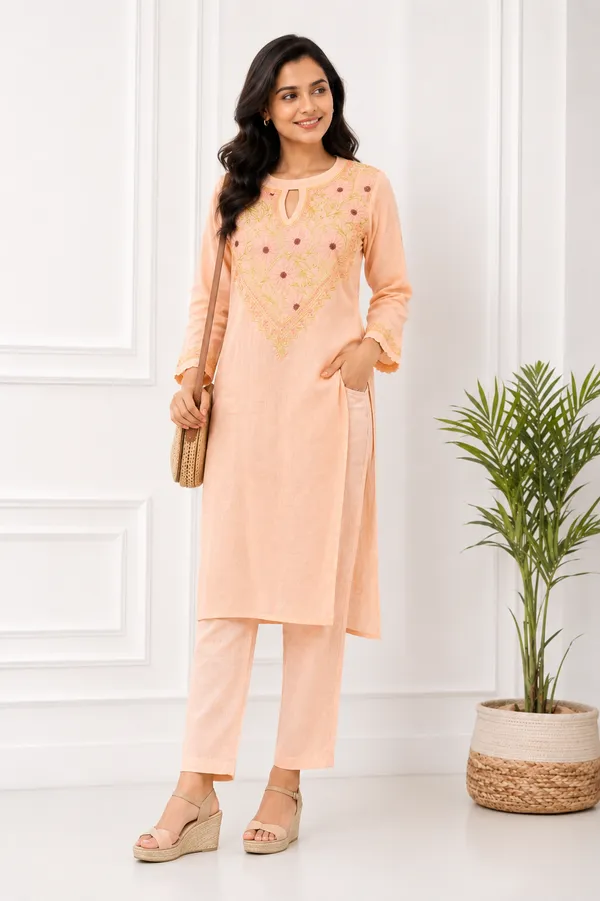 Mulmul_cotton_peach_kurta_with_contrast_chikan_embroidery