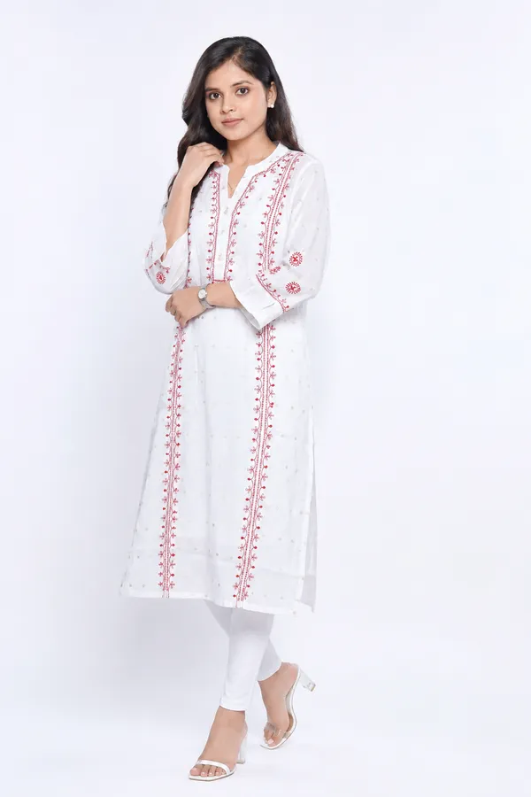White__pure_chanderi_Kurti_With_Red_tepchi_chikankari_Detailing