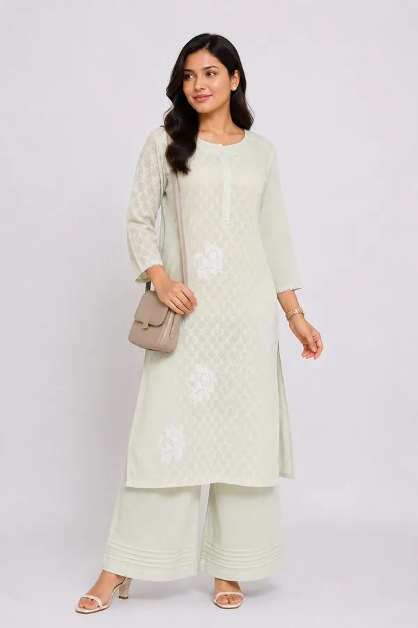 fresh_brezze_Mint_Green_Brasso___cotton_Kurti_With_Fish_chikankari_detailing