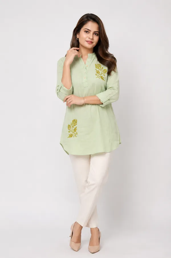 Mint_Green_Cotton_slub_leaf_motif_Chikankari_Top