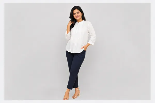 Mandrian__collar_White_Cotton_Top_With_all_over_chikankari_butti