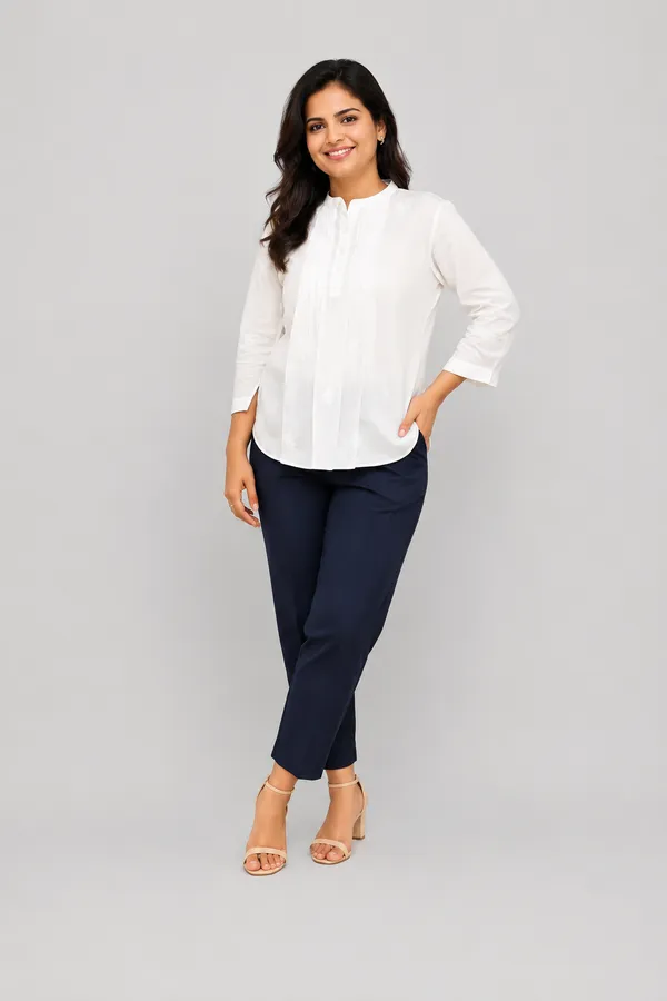 Mandrian__collar_White_Cotton_Top_With_all_over_chikankari_butti