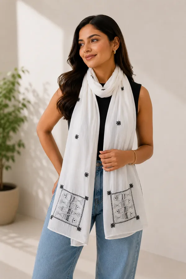 Self_Striped_Cotton_White_and_Black_Fish_Motif_Stole_|_Stoles_are_there_to_provide_the_sense_of_extra_elegance_in_your_styling.