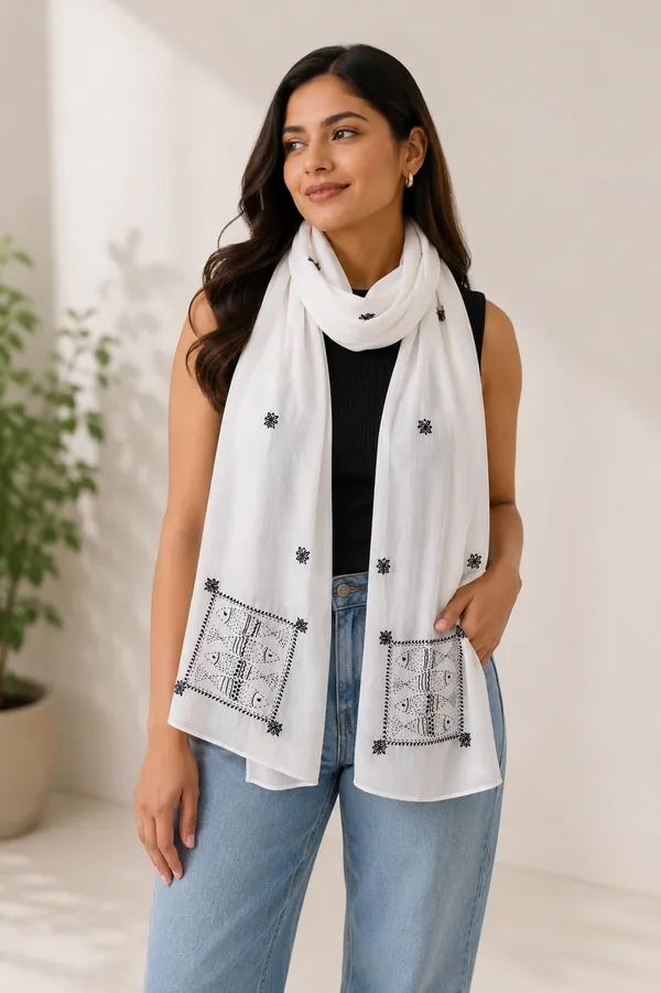 Self_Striped_Cotton_White_and_Black_Fish_Motif_Stole_|_Stoles_are_there_to_provide_the_sense_of_extra_elegance_in_your_styling.